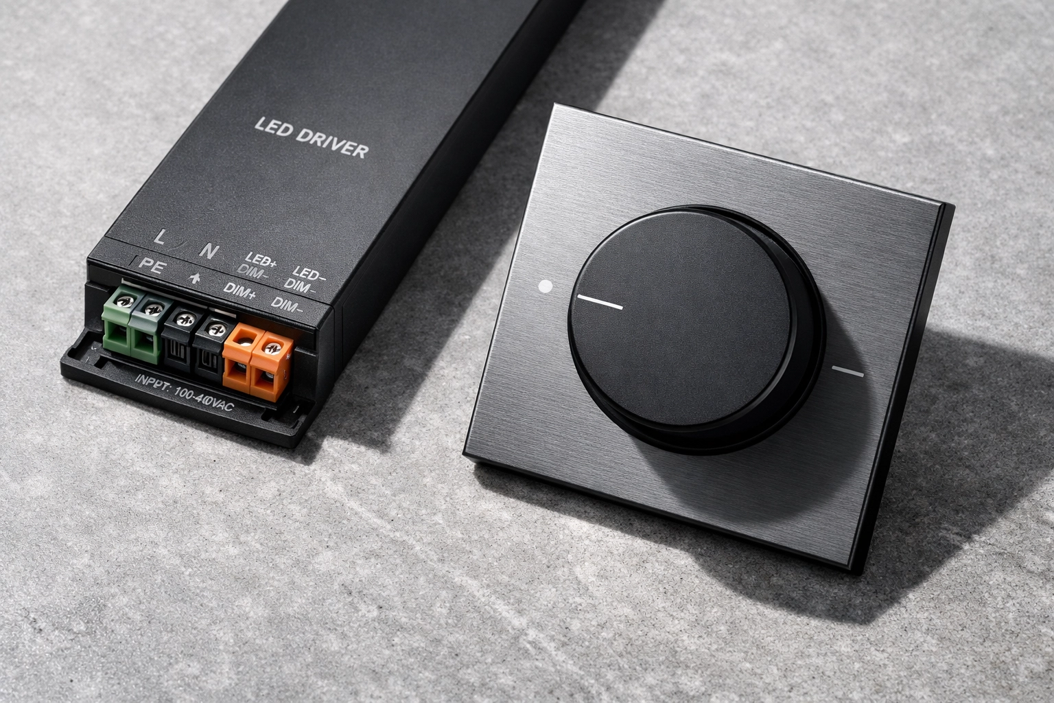 Close-up of a high-end LED driver and dimmer switch for professional architectural lighting systems.