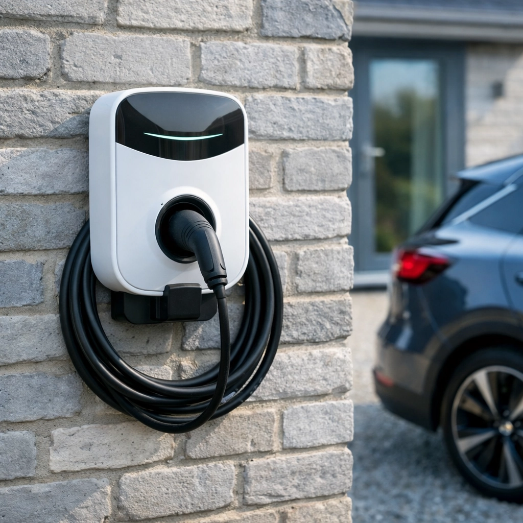 Professional wall-mounted EV charger installation on a modern brick home in Dorset.