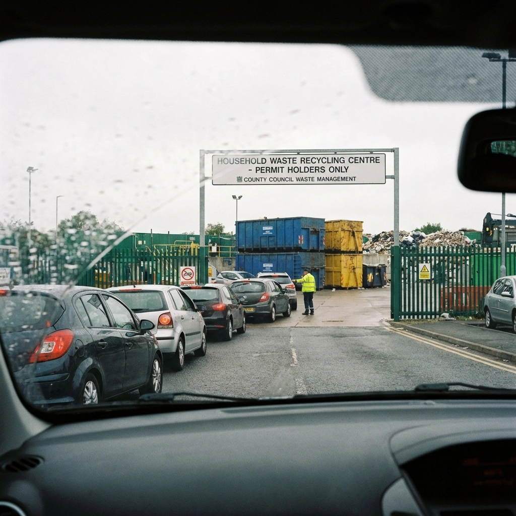 Cars queuing at a UK recycling centre entrance, showing the process of bulky waste drop-off.