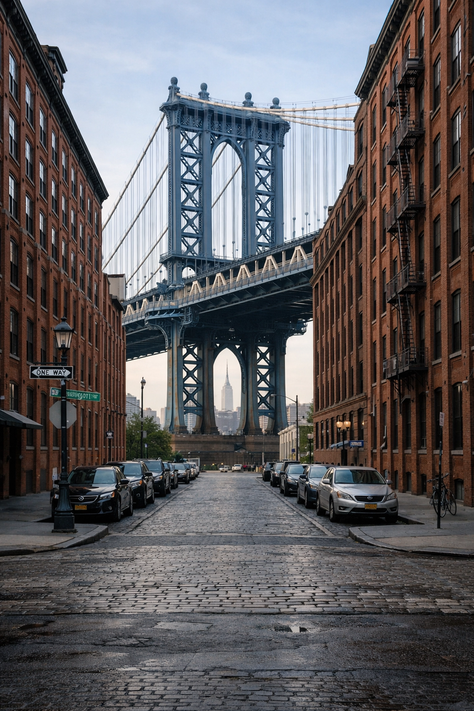 Manhattan Bridge framed by DUMBO's historic buildings on Washington Street, a famous New York City photography location.