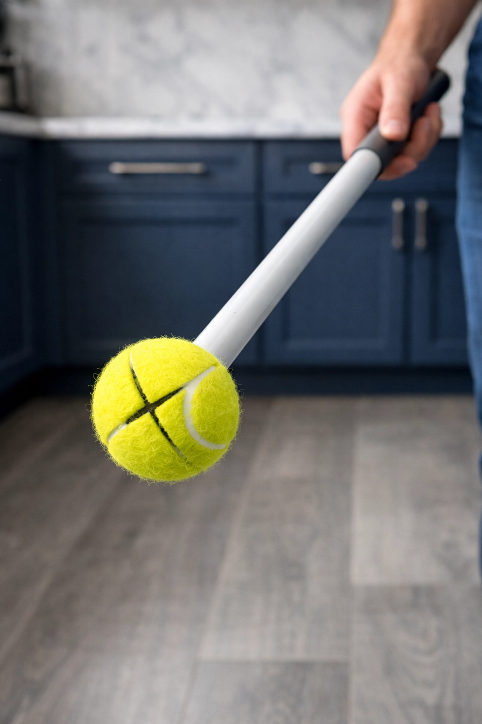 A yellow tennis ball attached to a mop handle for removing scuff marks from luxury hardwood floors.
