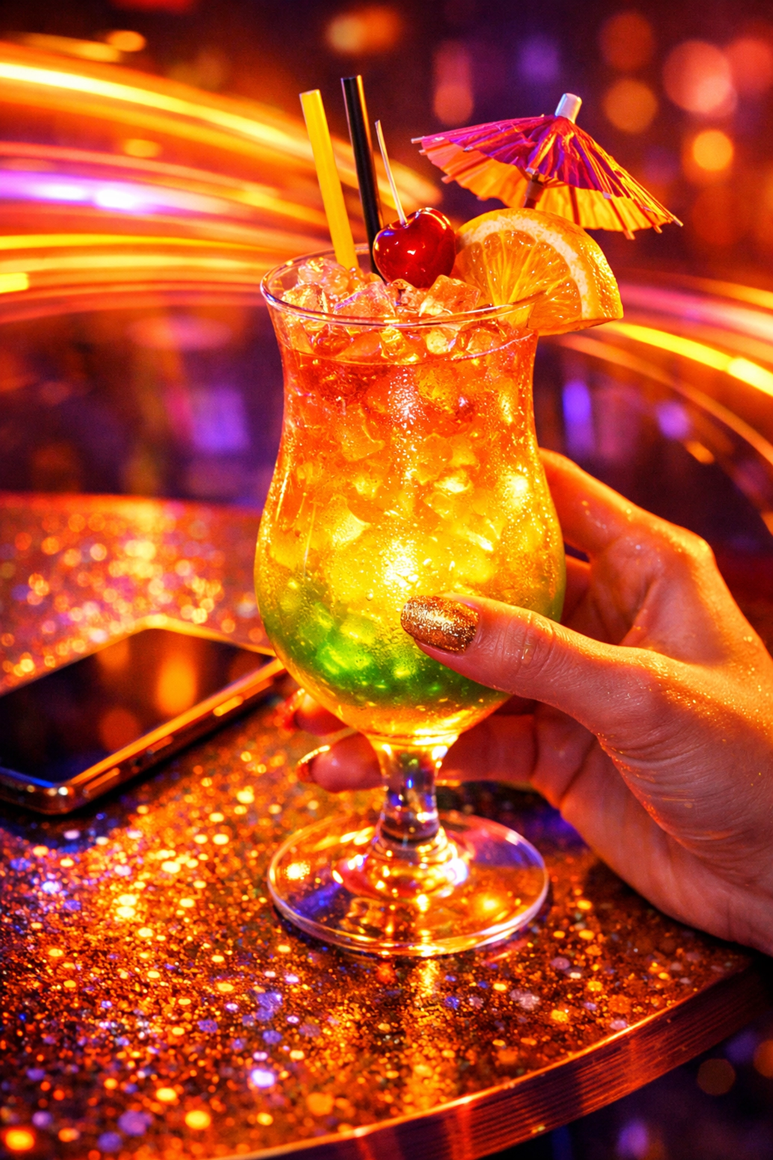 A glowing cocktail held by a person with their phone put away, symbolizing mindful dating and presence.
