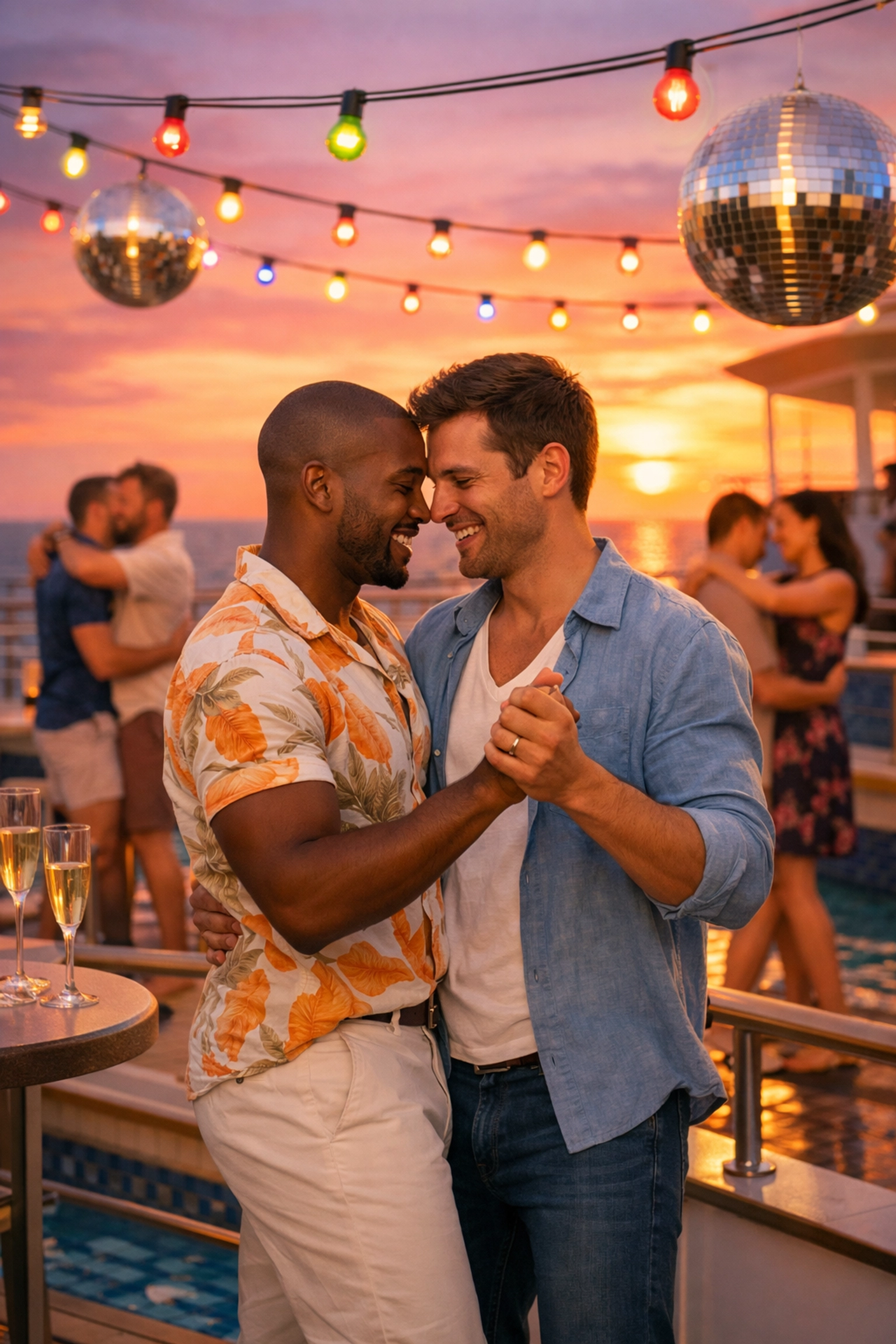 Two men dancing together on luxury gay cruise ship pool deck at sunset with disco lights