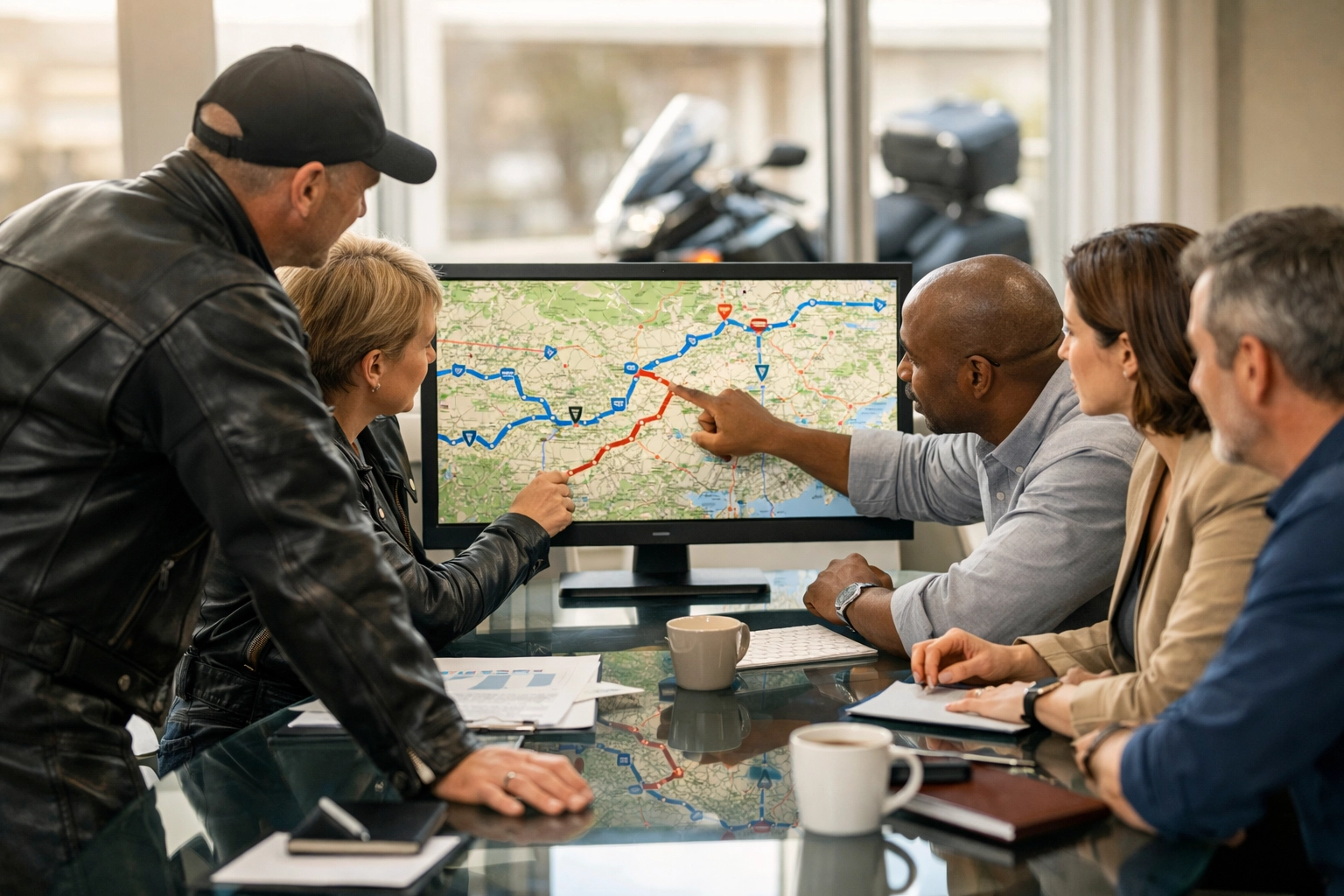 Ride Fear Free and DOT stakeholders collaborating on national motorcycle safety initiatives in a modern office.