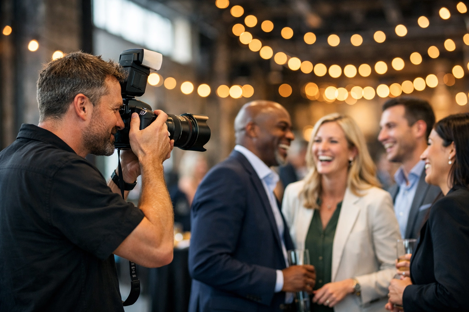 Professional Atlanta event photographer capturing candid moments at a corporate retreat in a modern venue.