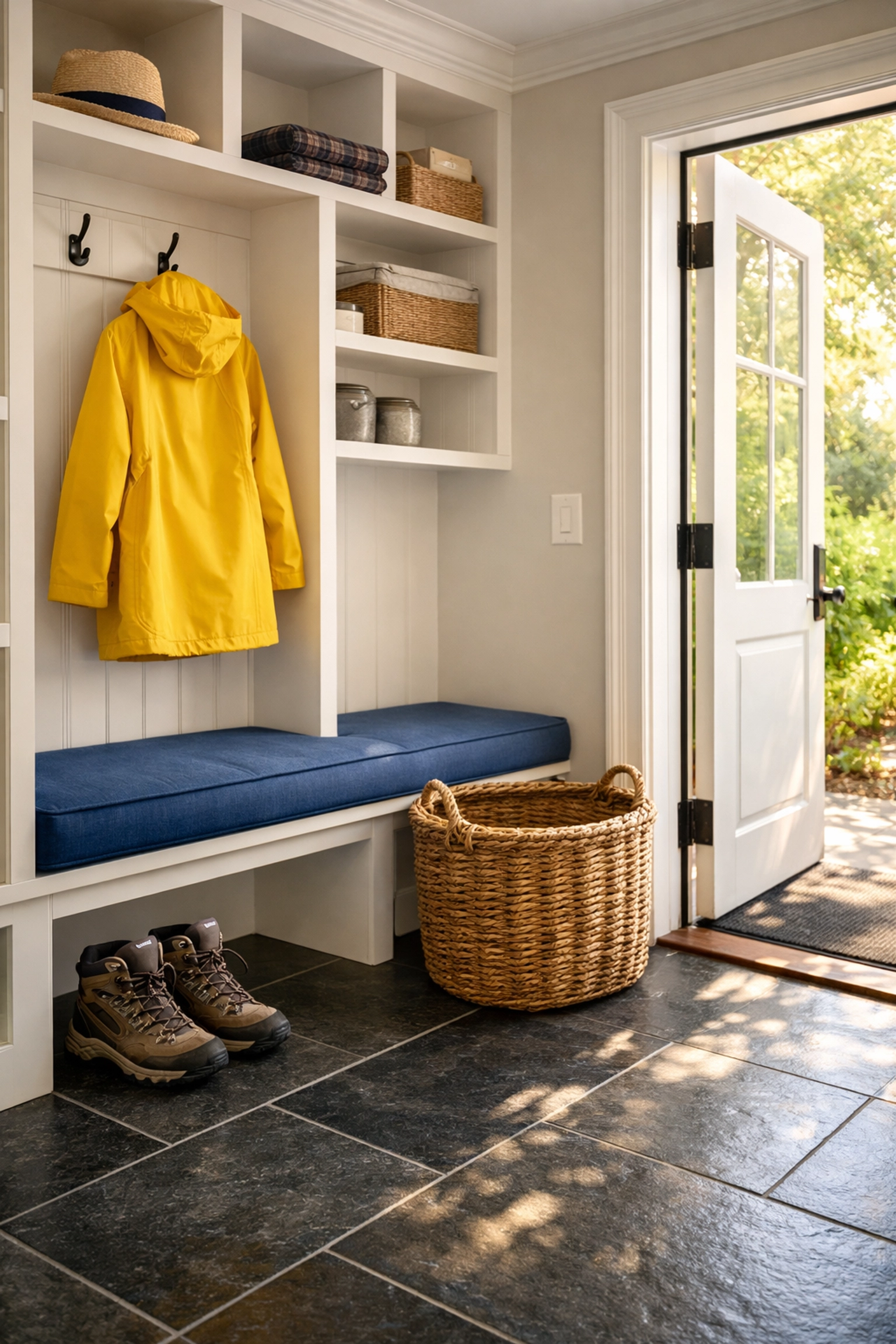 Tidy mudroom with slate floors in a luxury Egremont home, perfect after a professional cleaning visit.