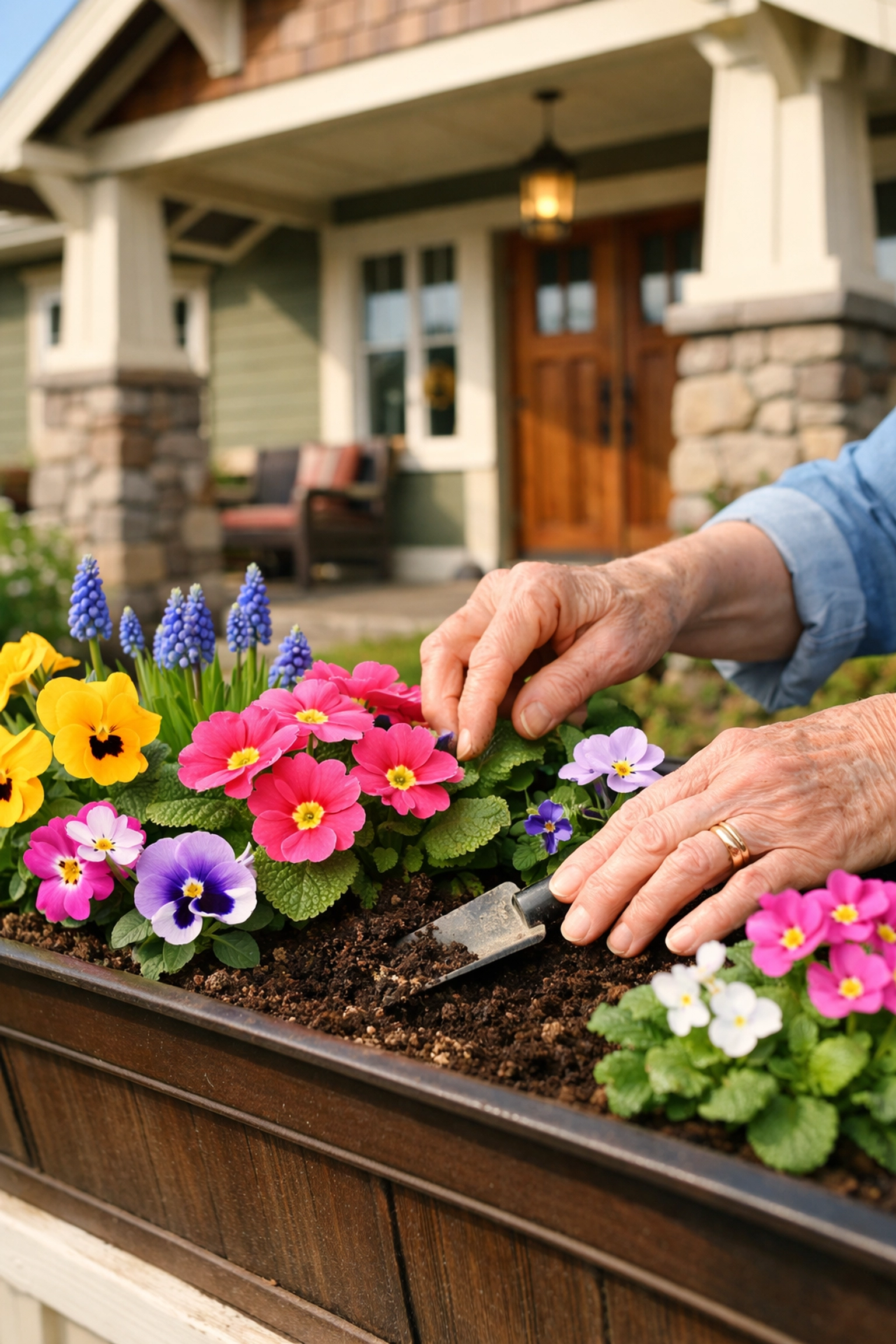 Senior woman tending to spring flowers, representing home maintenance and pride of ownership.