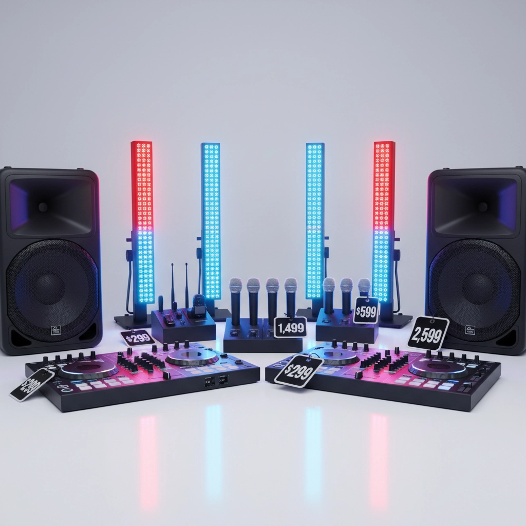 DJ equipment setup with speakers, mixers, microphones, and light bars. Price tags visible: $299, $599, $1,499, $2,599. Blue/red lights.