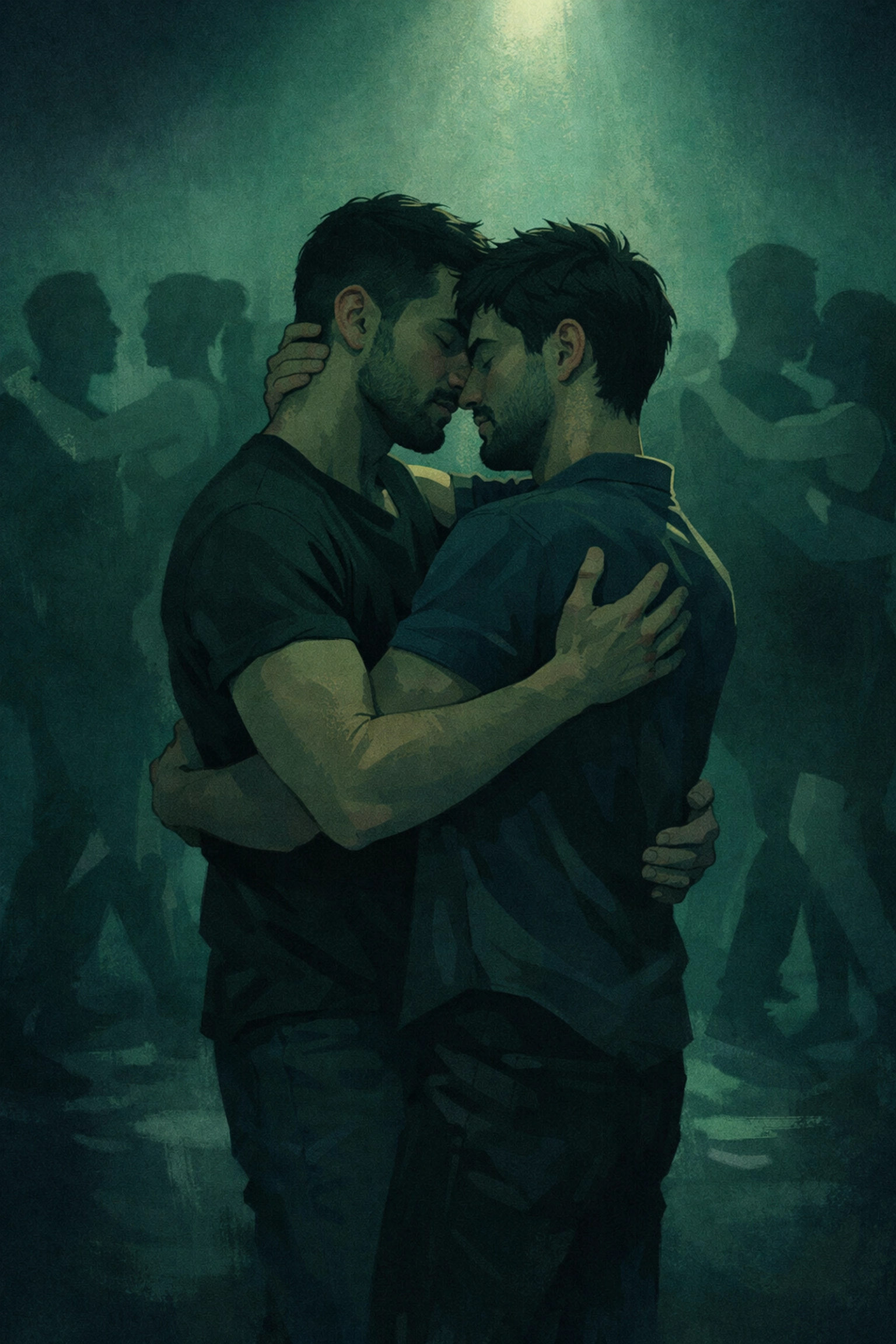 Two men embracing intimately on dancefloor in NYC gay bar showing authentic connection