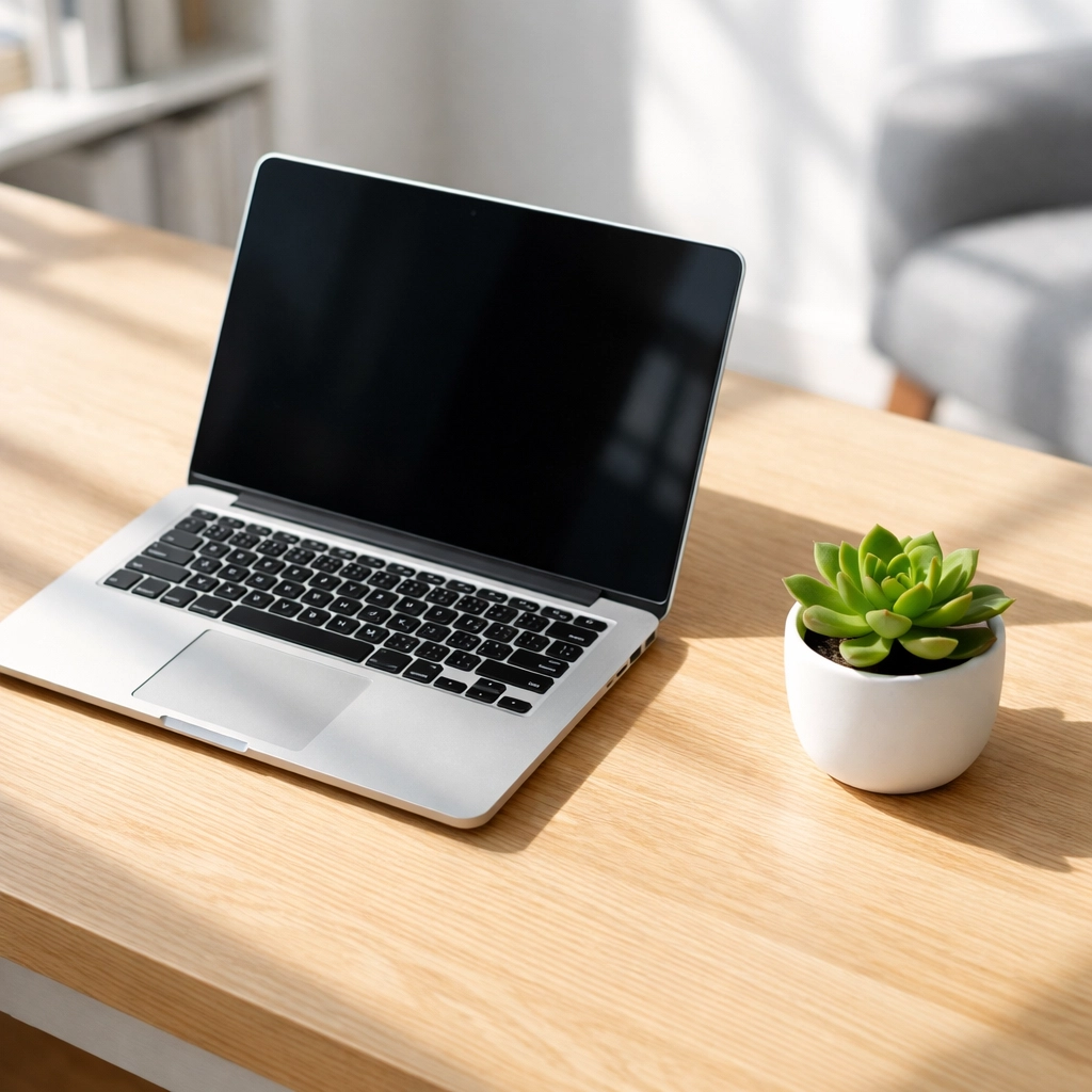 Sleek laptop and succulent on a desk symbolizing high-performance WordPress website maintenance services.