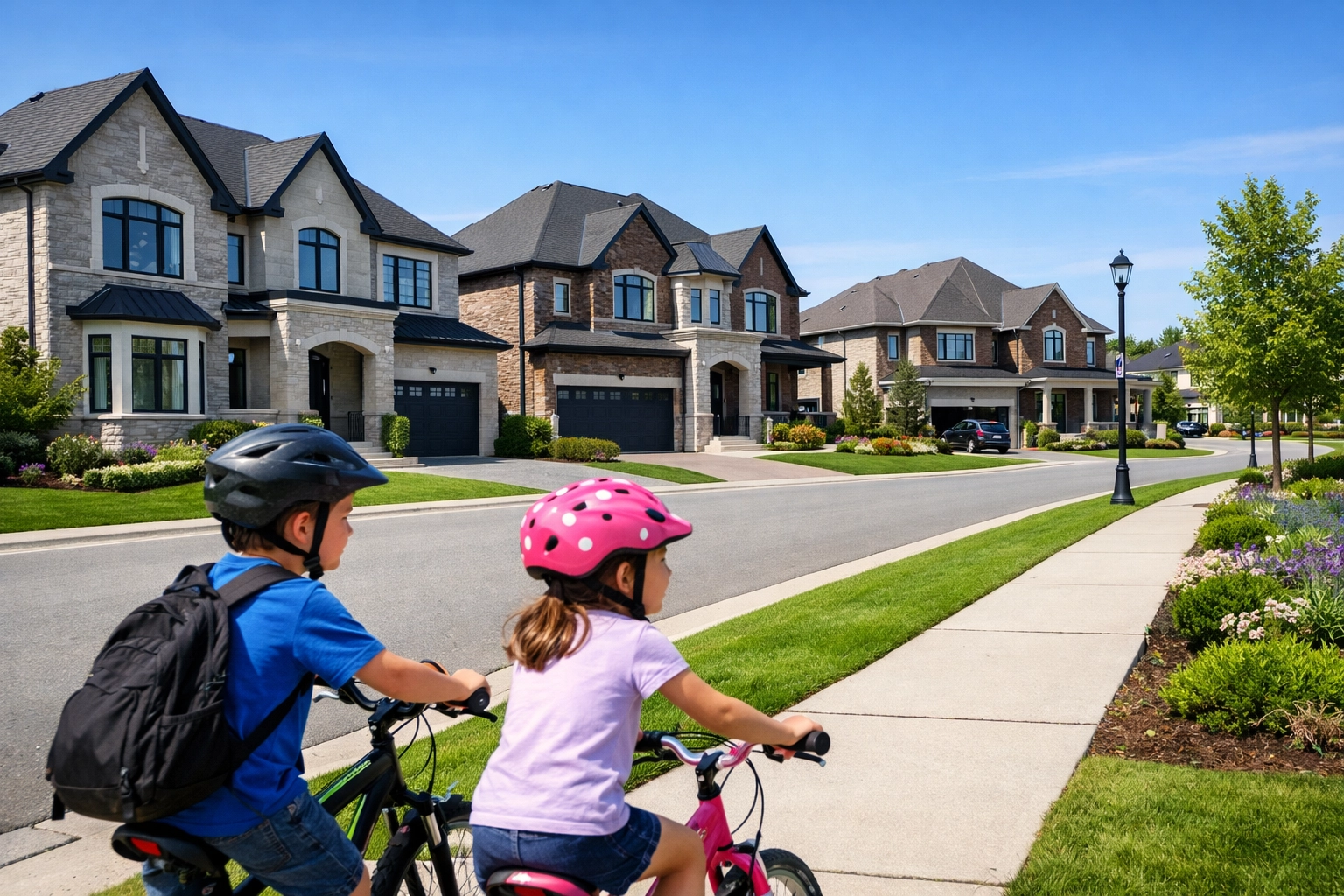 Children biking on a safe residential street in Bradford, highlighting the town's family-oriented lifestyle.