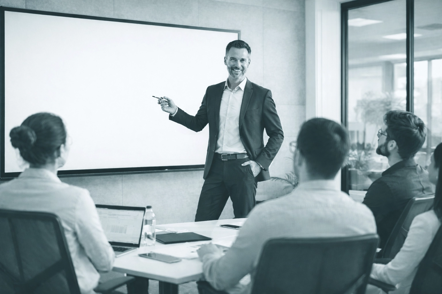Executive leader presenting transformation strategy to engaged team in a collaborative office setting