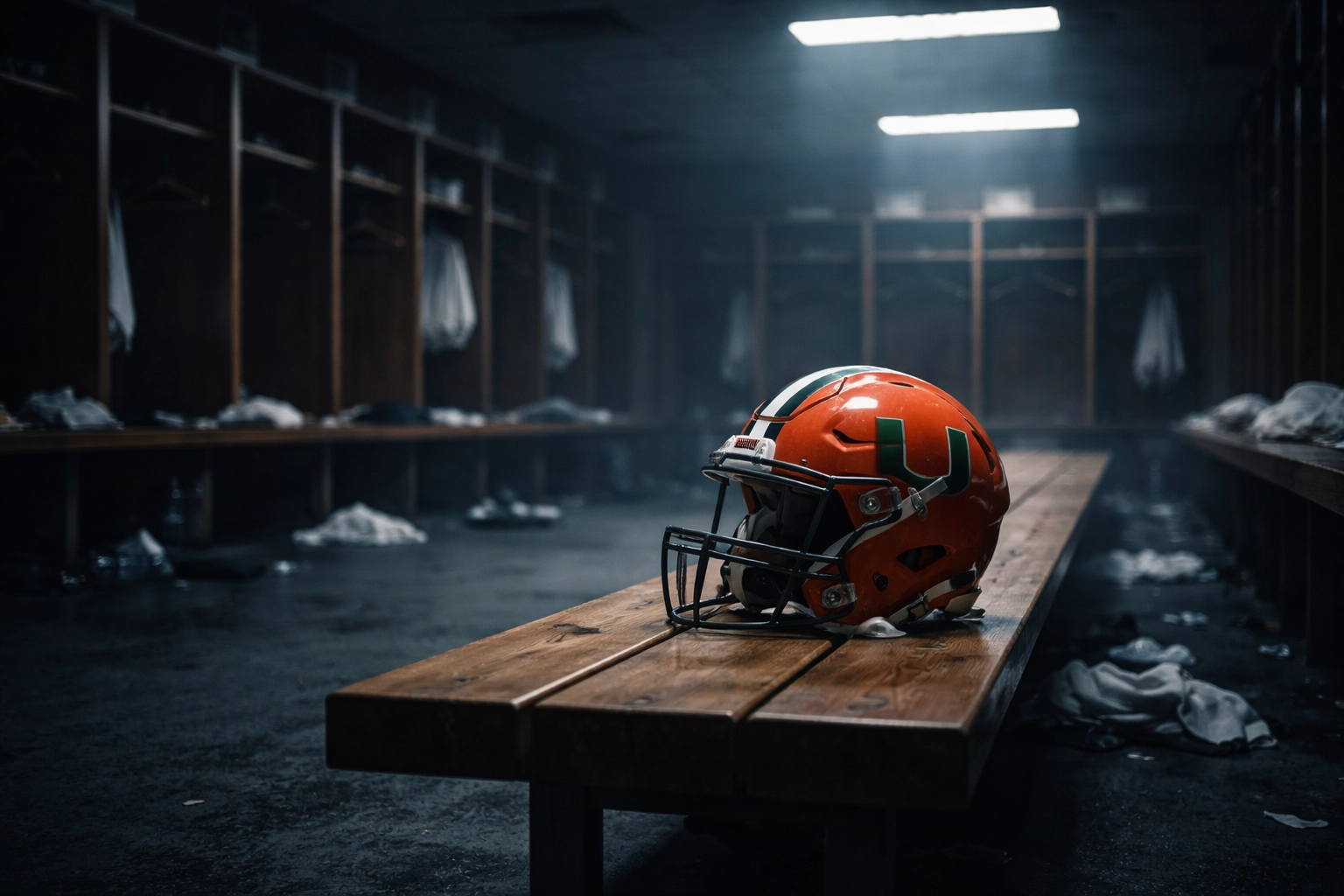 Empty Miami Hurricanes football locker room with a single helmet after championship loss, reflecting team departures