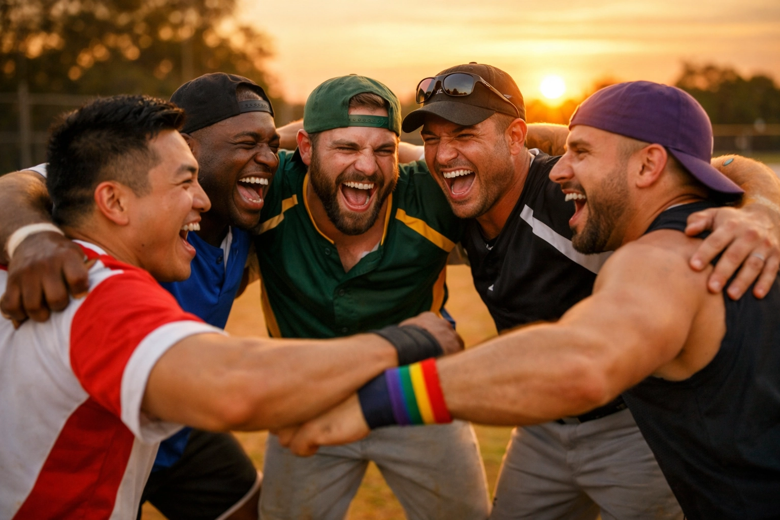 Gay men cheering in a huddle on a softball field, finding community through LGBTQ+ sports leagues and teamwork.