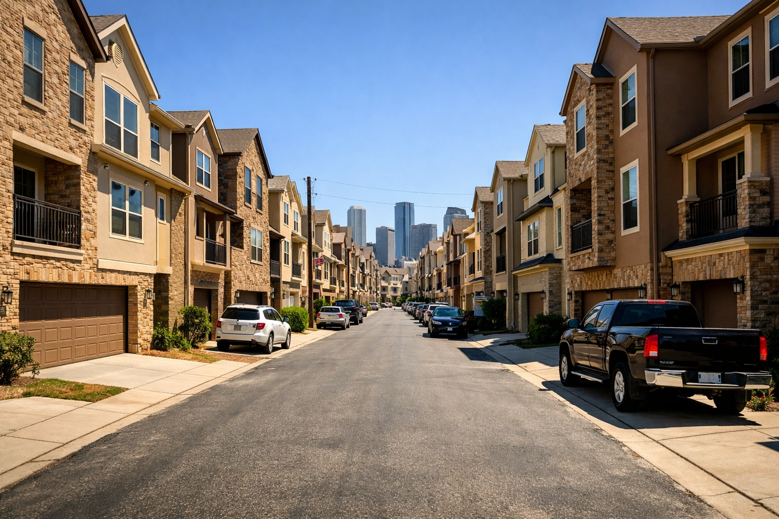 Dense row of expensive site-built homes in a crowded Dallas residential neighborhood.