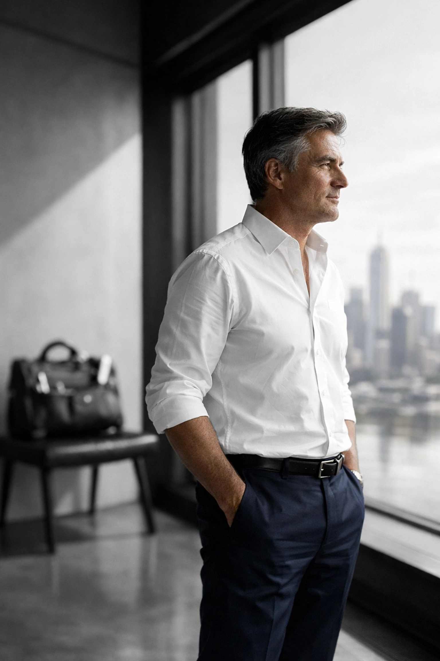 Successful hvac business owner looking at a city skyline after a business valuation.