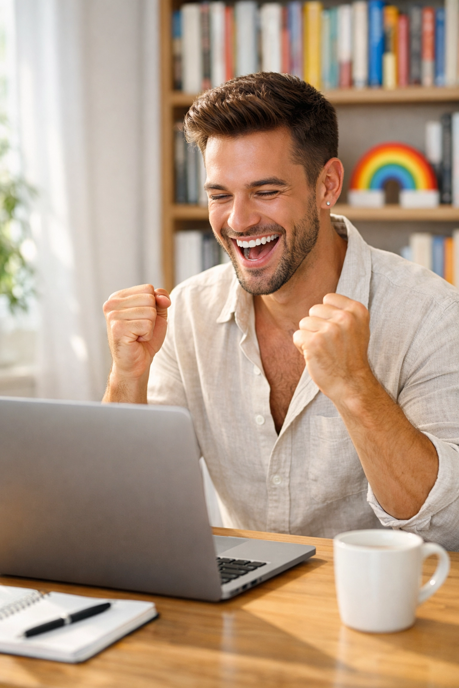 A successful gay author celebrating high royalties for his MM romance books at a sun-drenched desk.