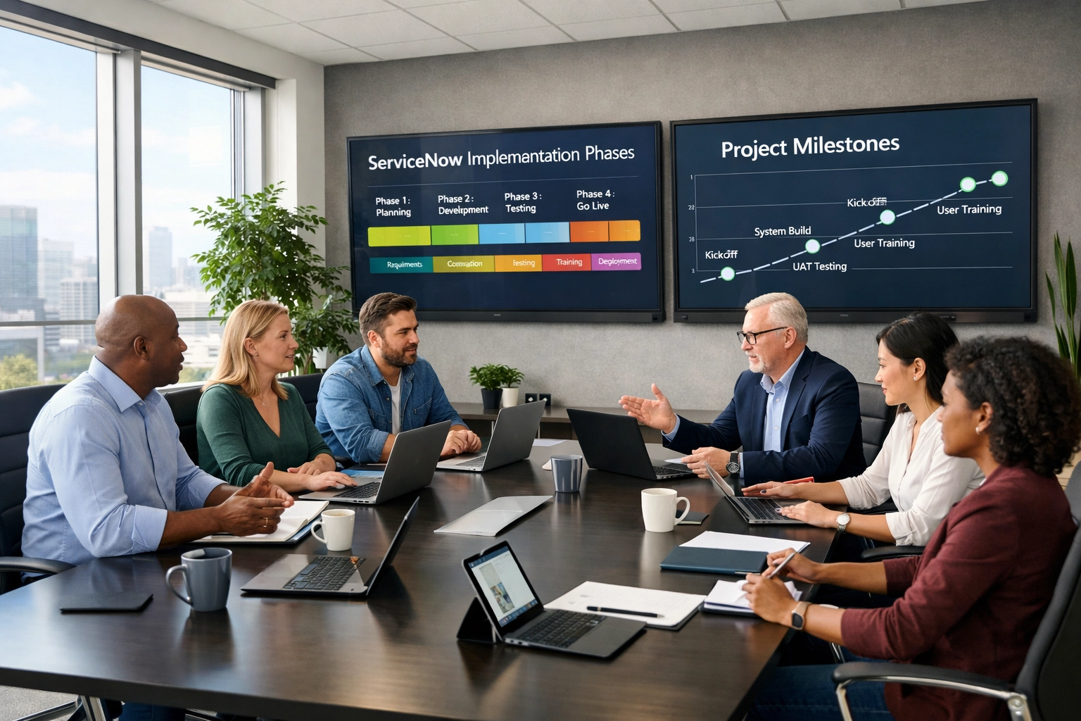 ServiceNow implementation partner planning session with project timeline and milestones