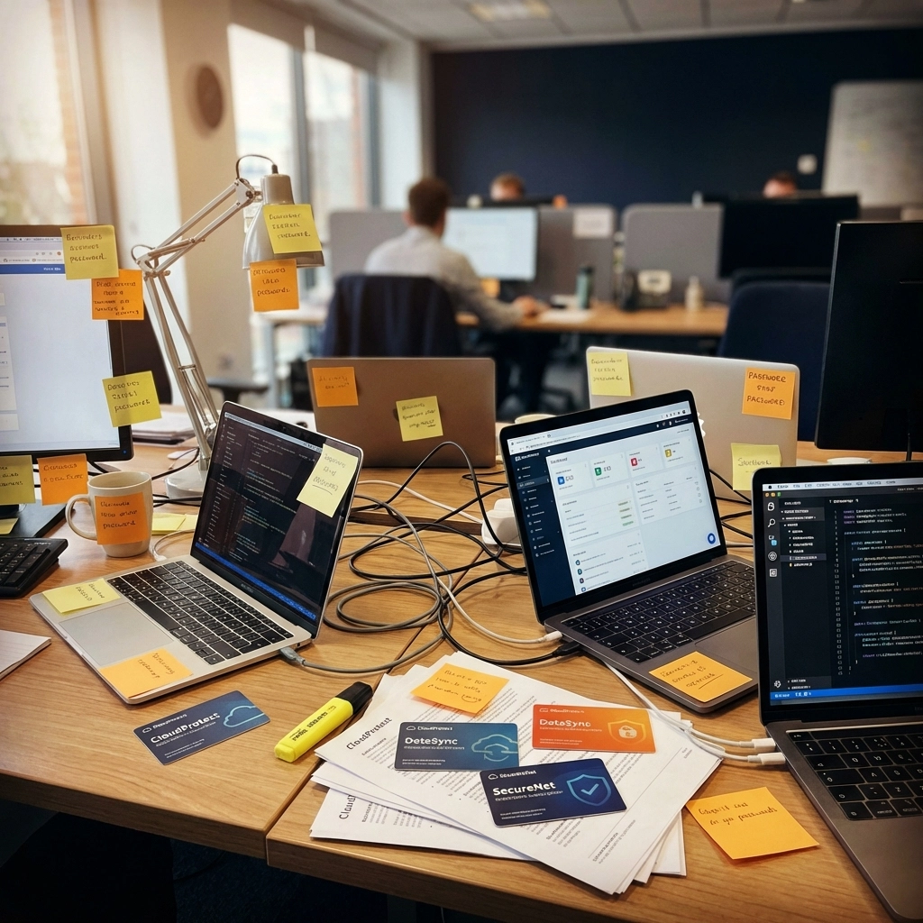 Cluttered MSP office desk with overlapping laptops and sticky notes illustrating software sprawl and tech stack chaos