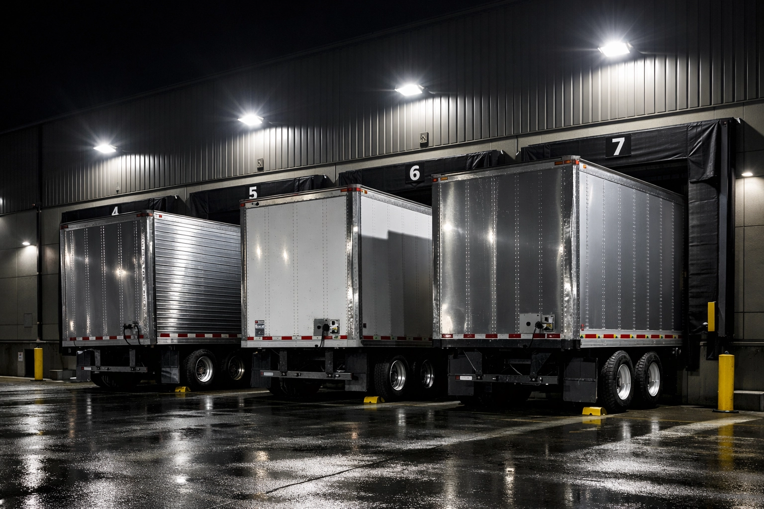 Secure contract warehousing loading docks illuminated at night for reliable logistics execution.