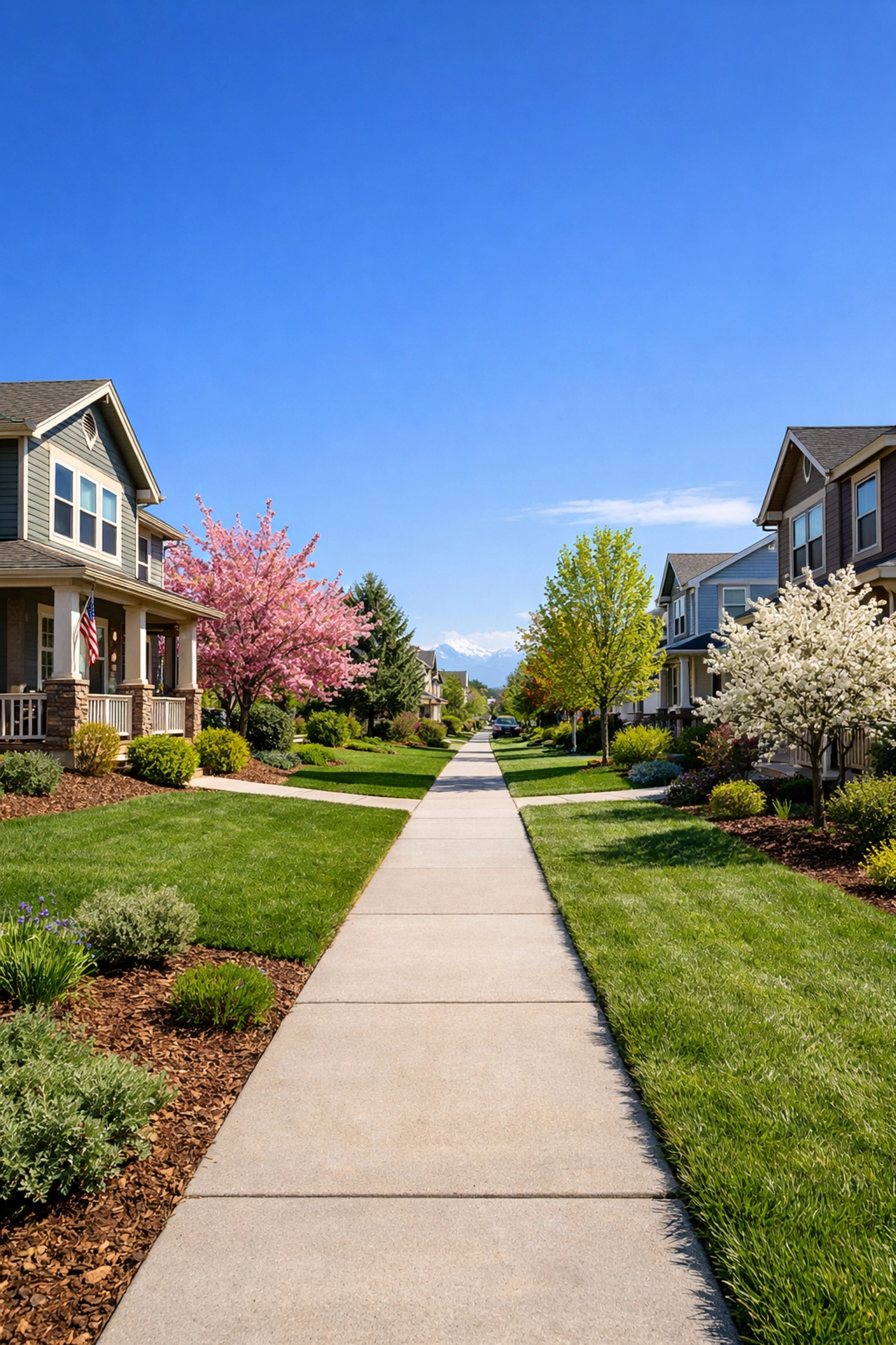 Sunny residential street with modern family homes in a Denver metro suburb like Centennial.