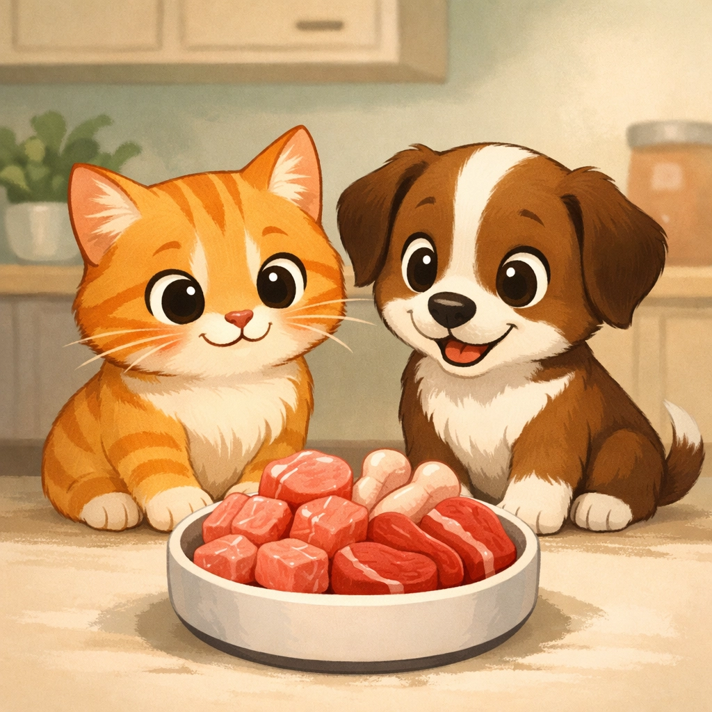 Cat and dog with bowl of raw cat food made from human grade ingredients