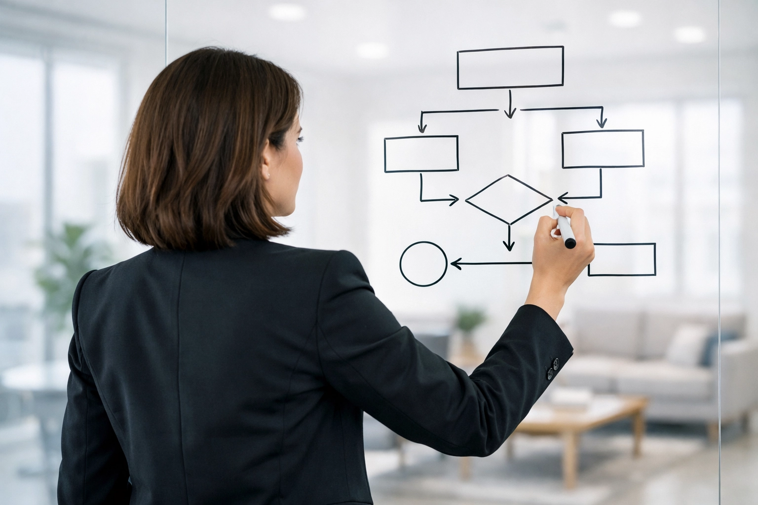 Business consultant sketching a long-term sports media strategy and marketing flowchart.