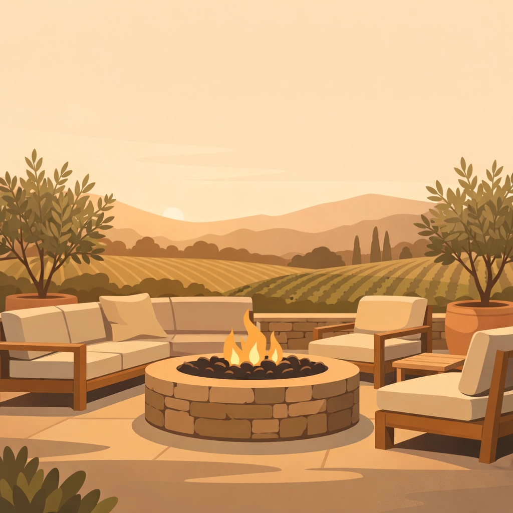 Outdoor patio with fire pit overlooking Sonoma wine country vineyards