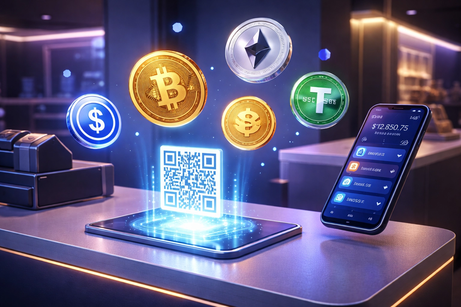 Modern retail counter displaying floating cryptocurrencies and a QR code, illustrating crypto POS solutions for small business payments