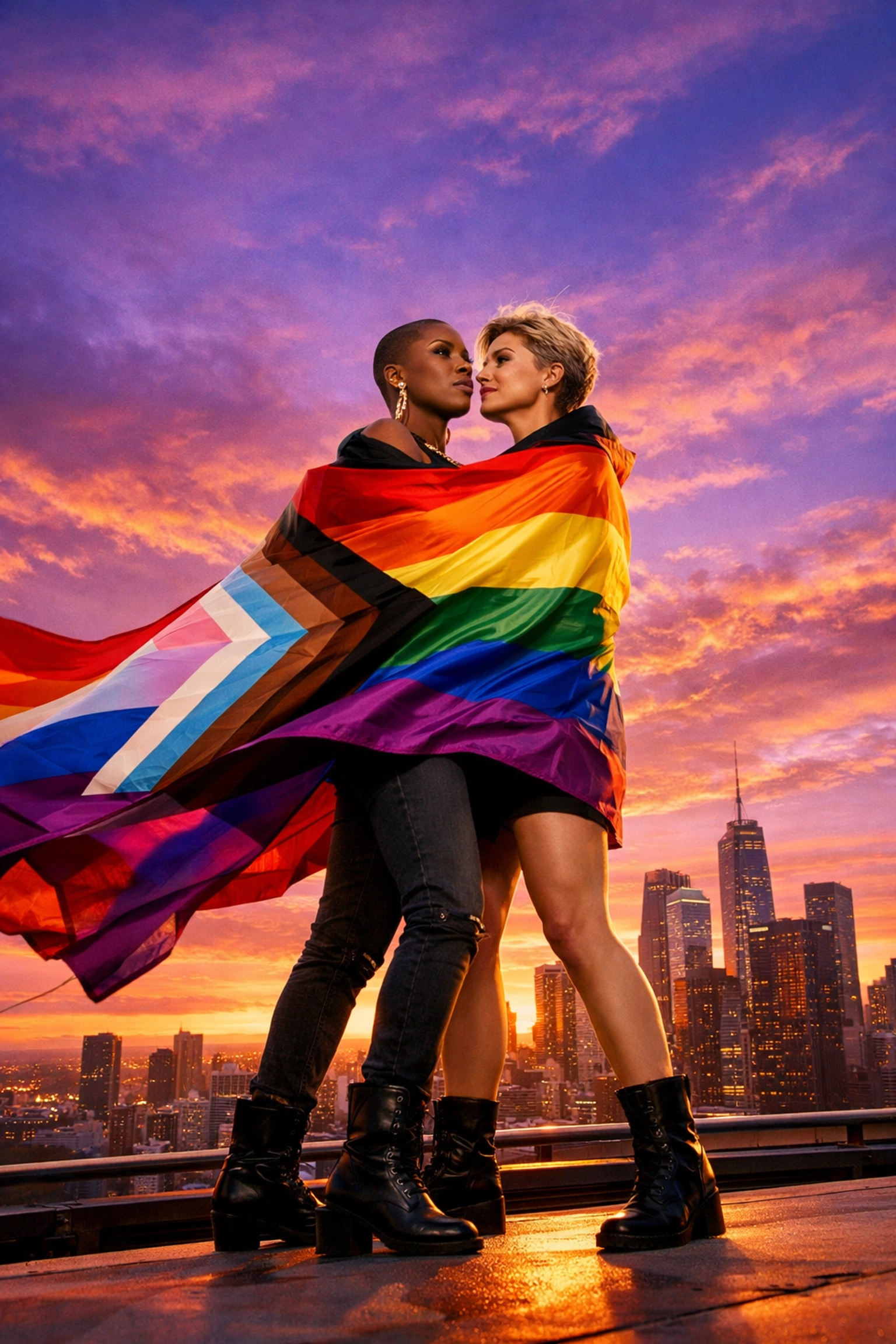 Diverse lesbian couple with a Progress Pride flag on a rooftop, celebrating visibility in modern LGBTQ+ fiction.