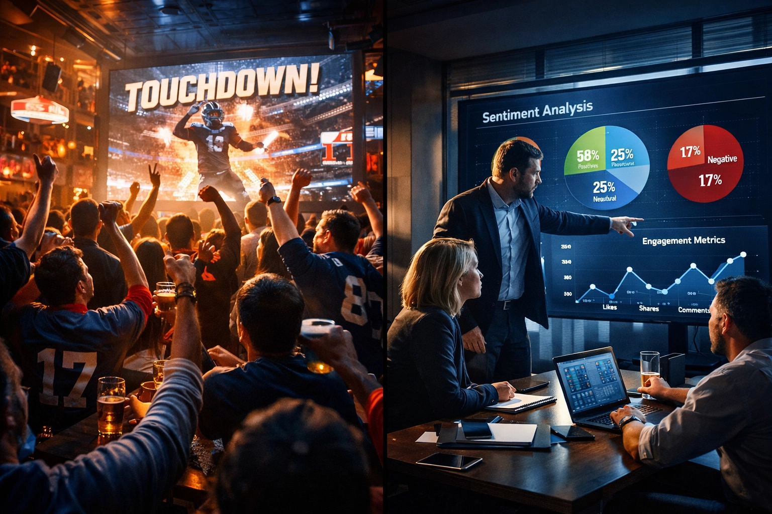 Super Bowl fans watching game alongside marketing executives measuring fan sentiment and engagement data