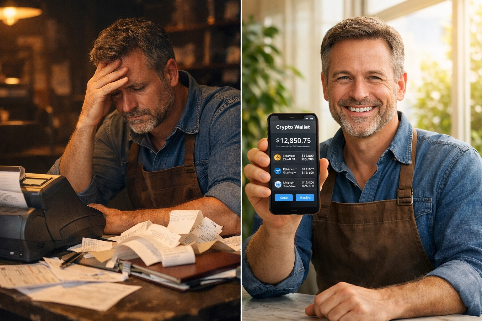 Merchant switching from traditional POS terminal to Web3 crypto wallet self-custody payments