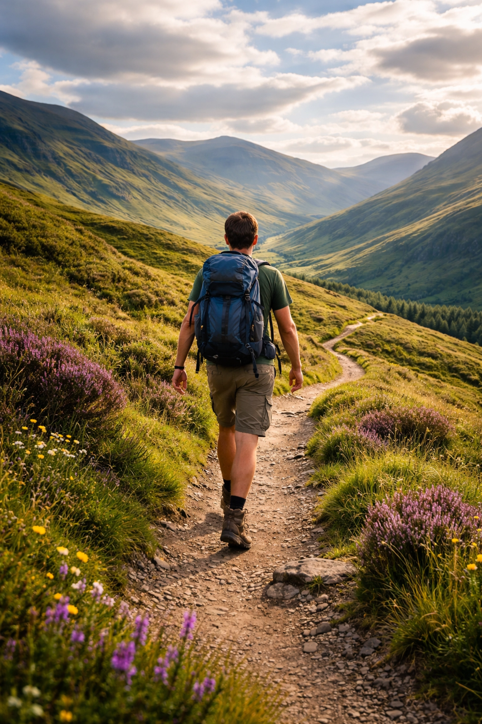 Hiker walking a well-marked trail in the UK highlands, showcasing guided hiking benefits.