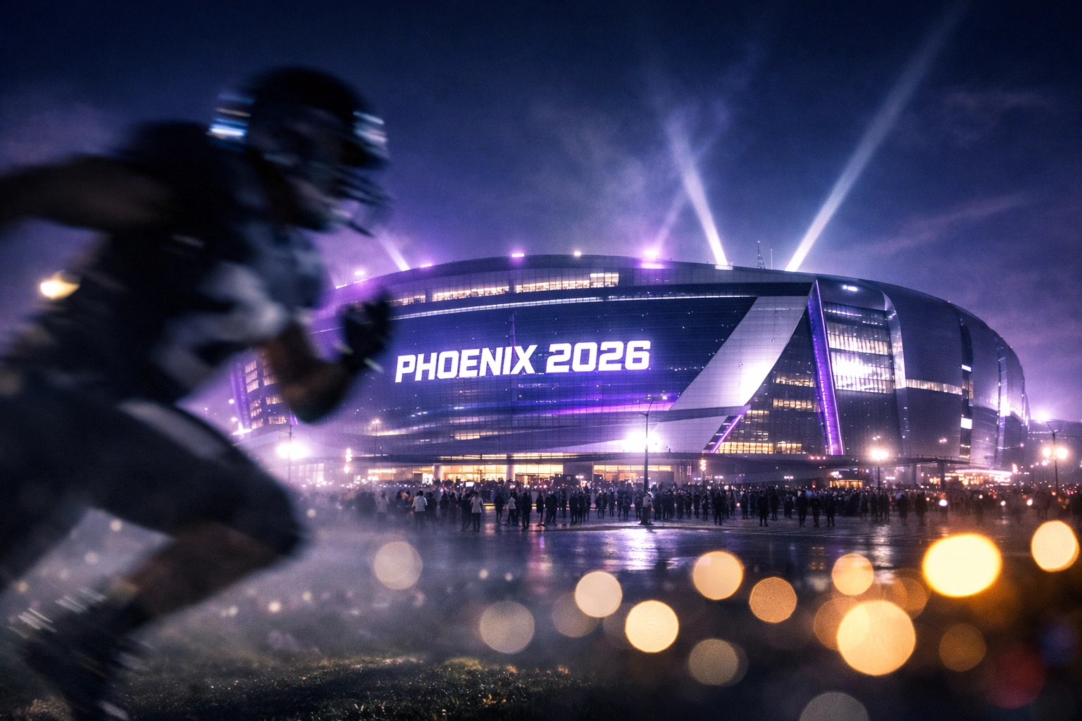 Cinematic view of a Phoenix stadium at night representing the futuristic scale of 2026 Super Bowl NIL activations.