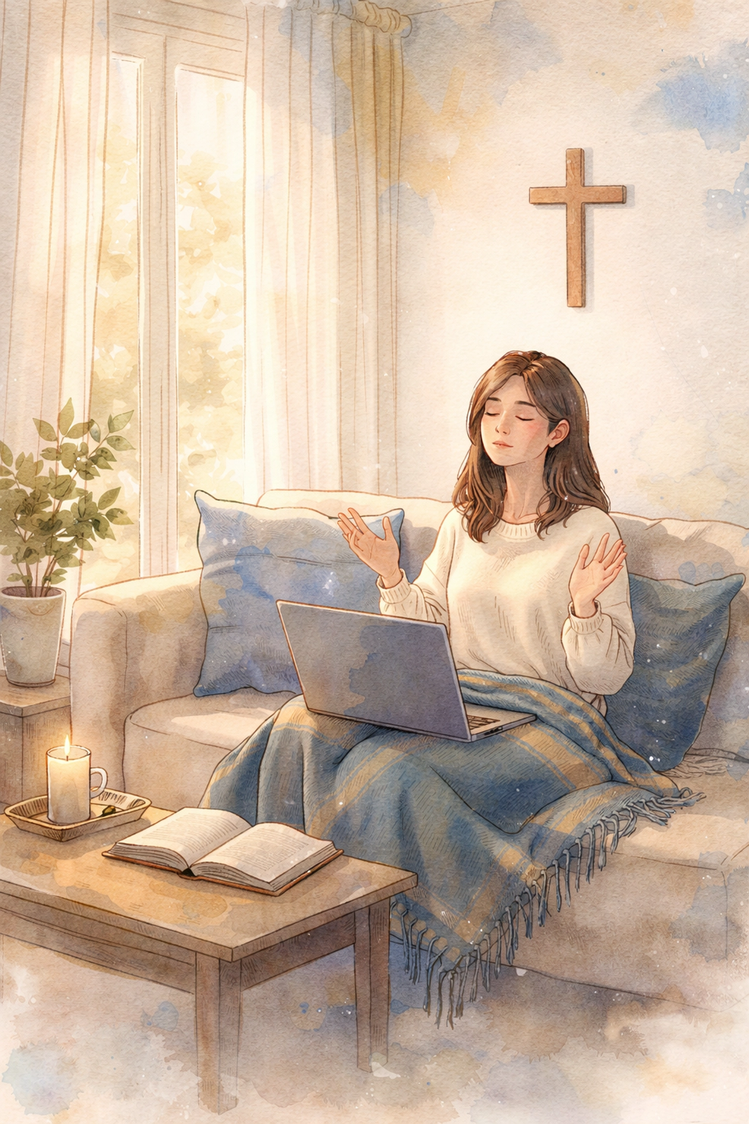 Hand-drawn image of a person worshiping online in a living room, representing faith and digital Sunday gatherings.