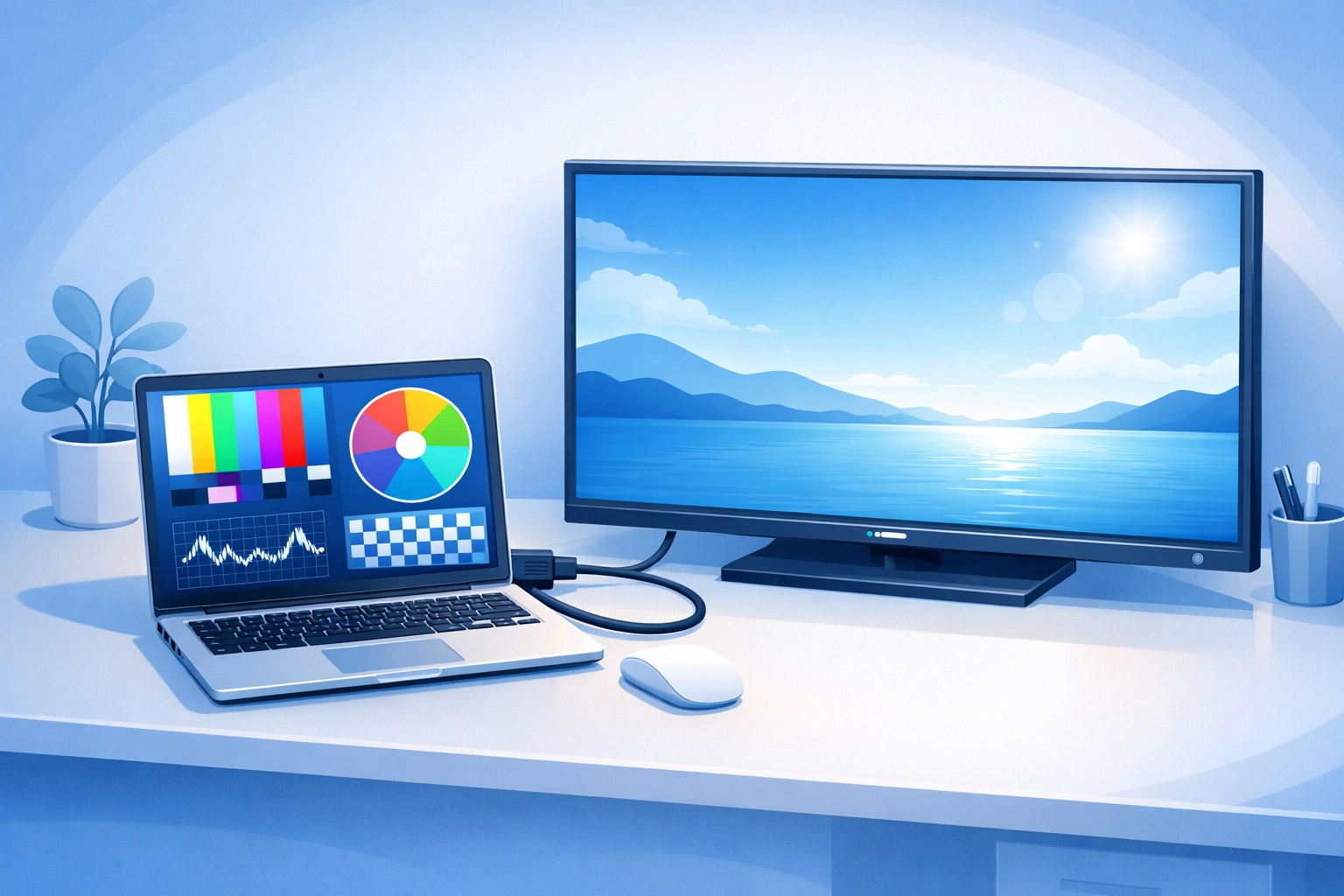 Laptop connected to TV via HDMI cable for screen diagnosis test