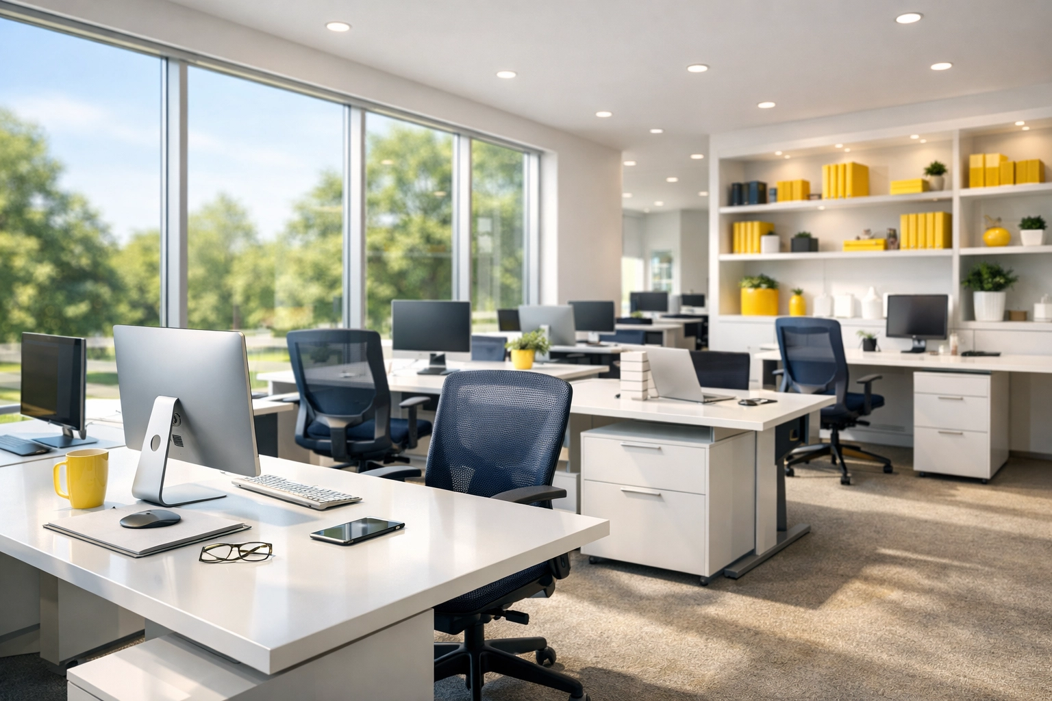 Sunlit modern office in Boxborough featuring professional commercial cleaning for a healthy and productive workspace.