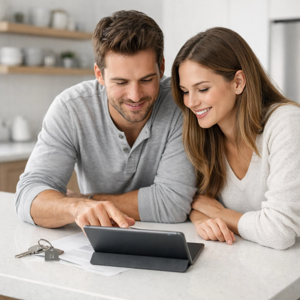 Couple using a tablet in a bright kitchen to plan their move in the North Georgia and Tennessee market.