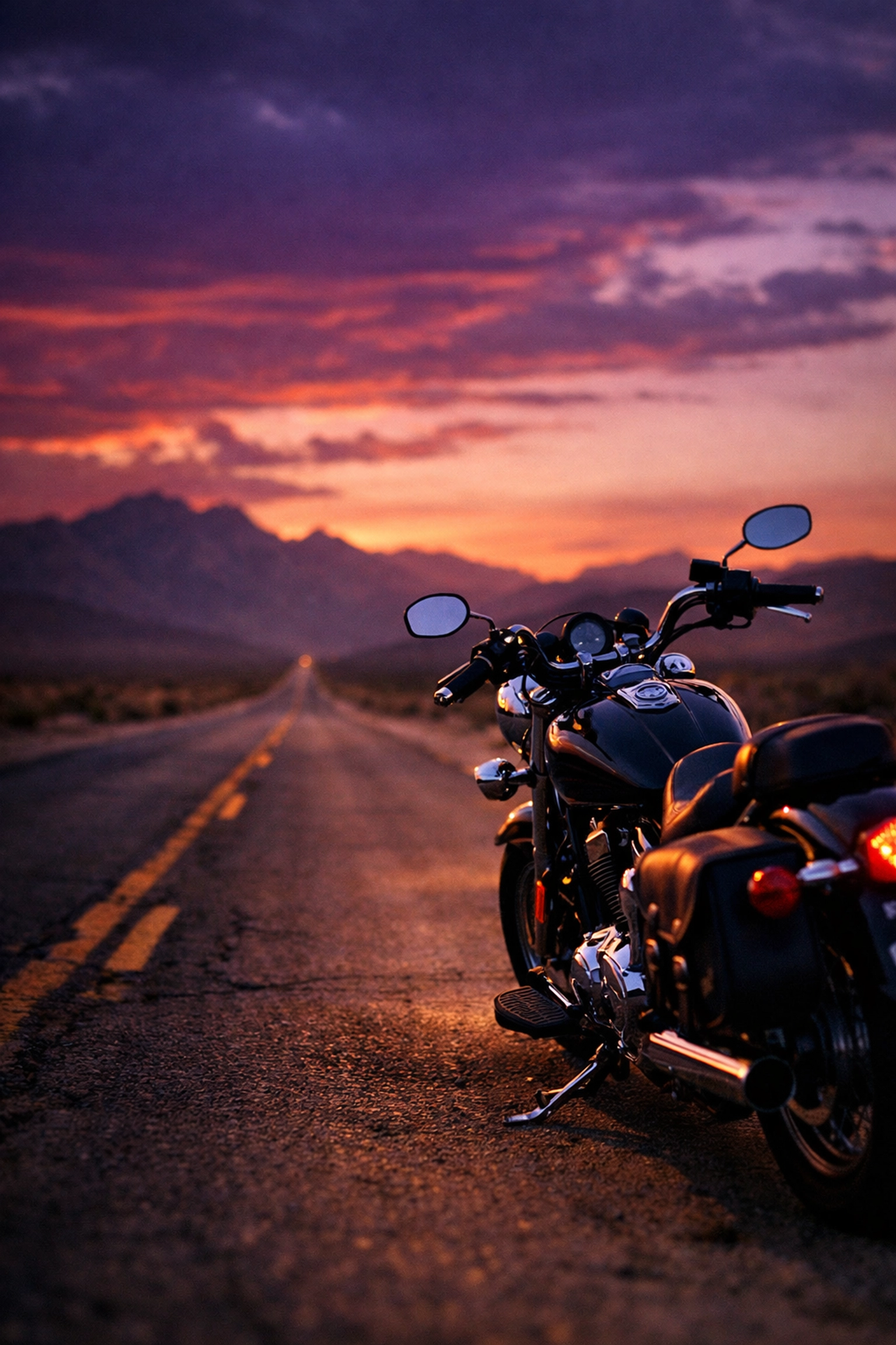 Lone motorcycle on empty highway representing the unpredictable journey of living with bipolar disorder