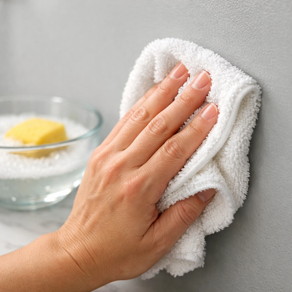 A hand using a white microfiber cloth to gently clean a smudge off a soft gray wall.