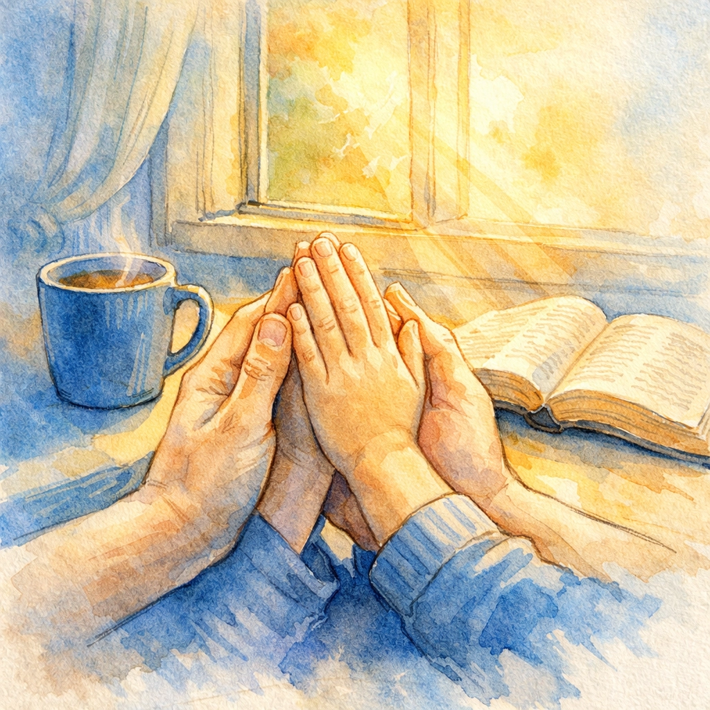 Parent and child hands praying together in kitchen with Bible and coffee