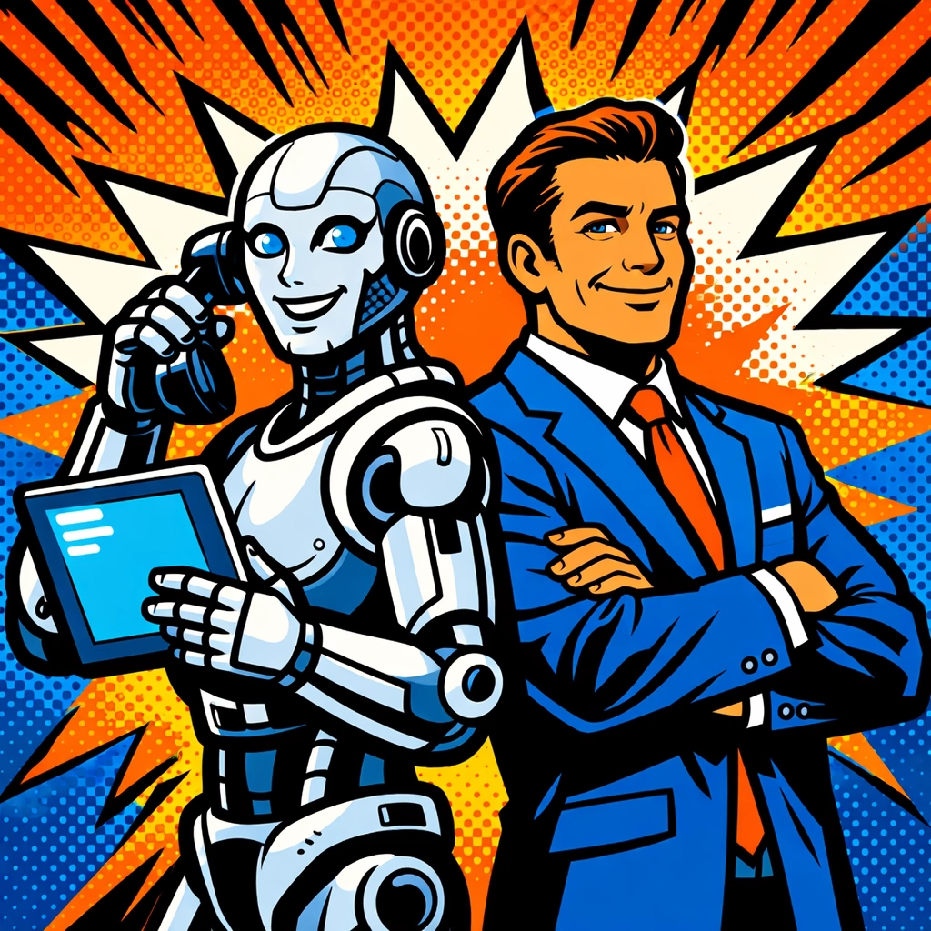 A friendly AI assistant for small business supporting a confident entrepreneur in a pop art style.