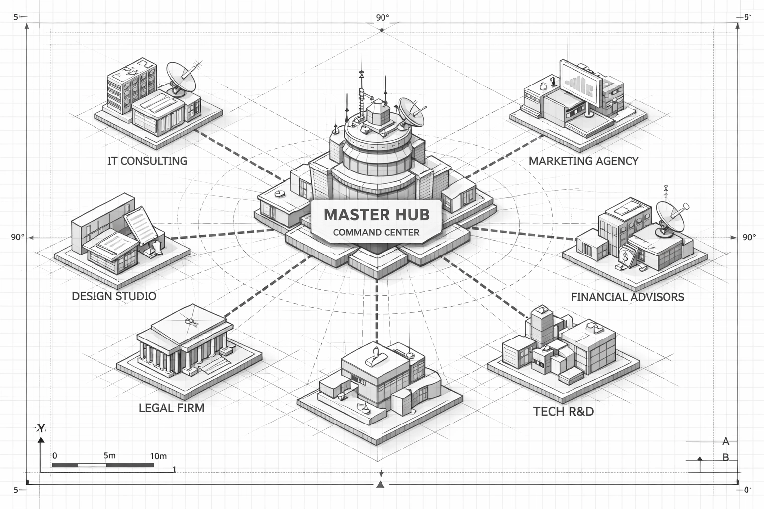 Technical drawing of a strategic hub connecting boutique firms for optimized pipeline automation and lead generation.