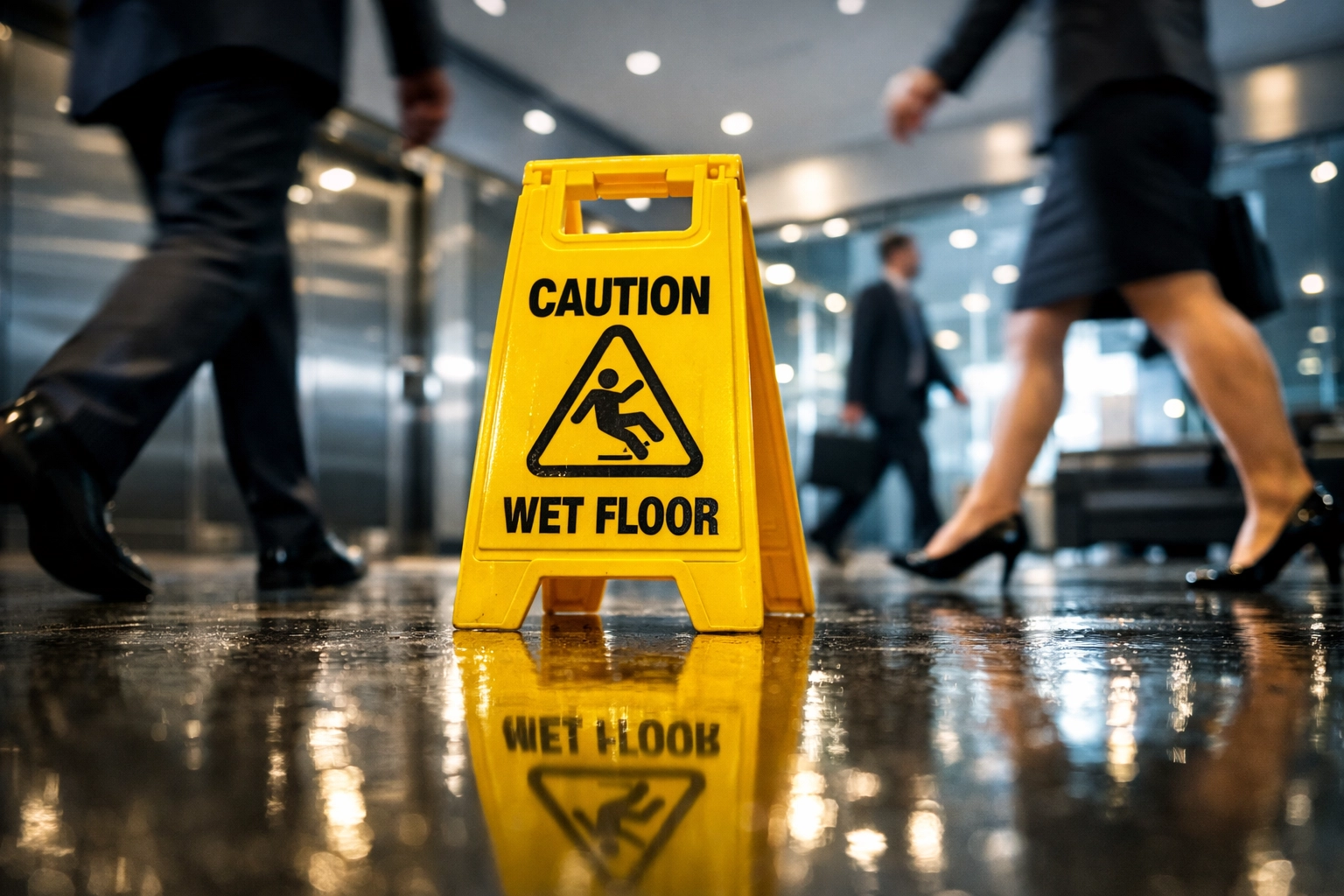 Wet floor caution sign in office lobby highlighting slip hazard and liability risks
