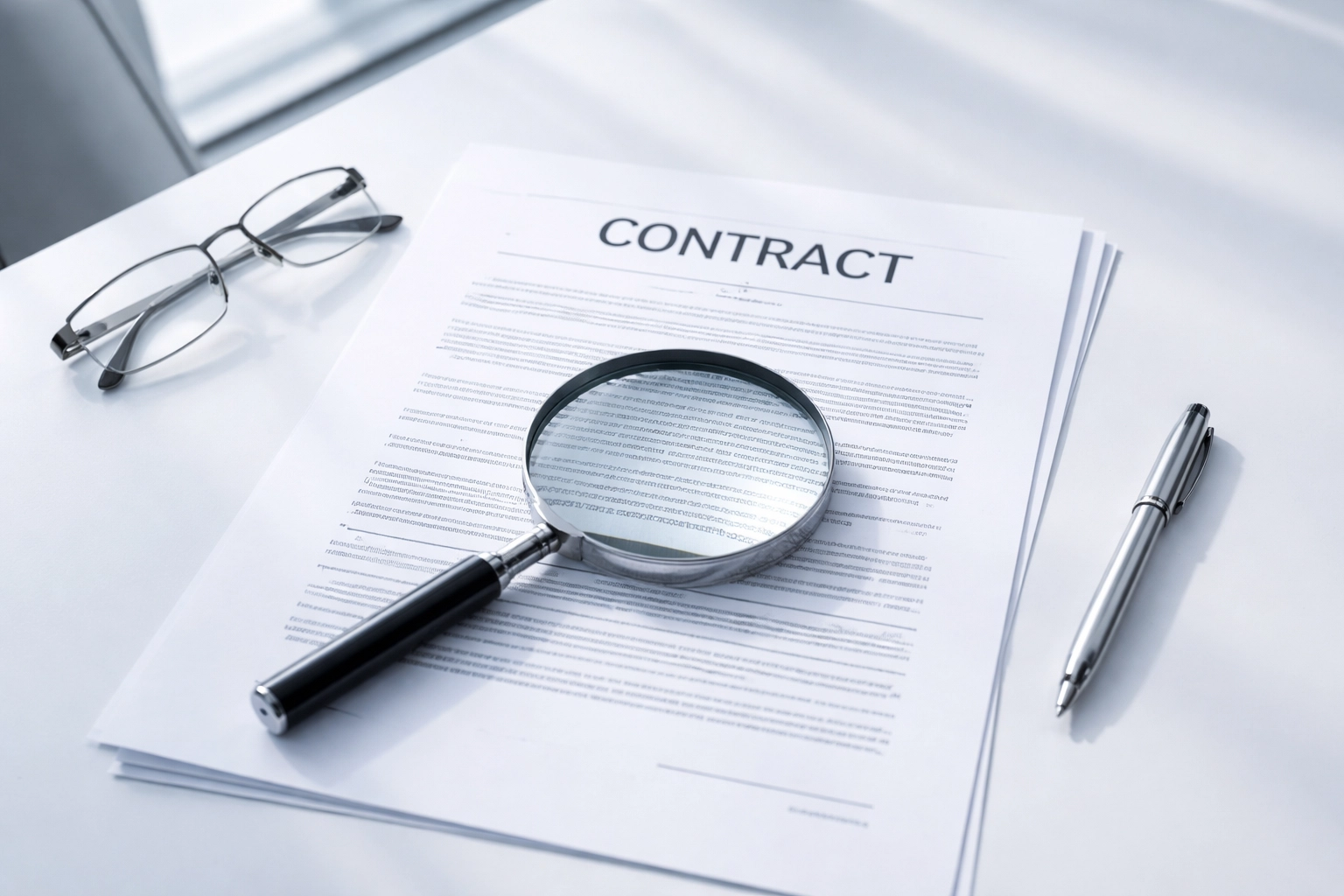 Magnifying glass examines merchant contract, highlighting terms for high risk payment processing