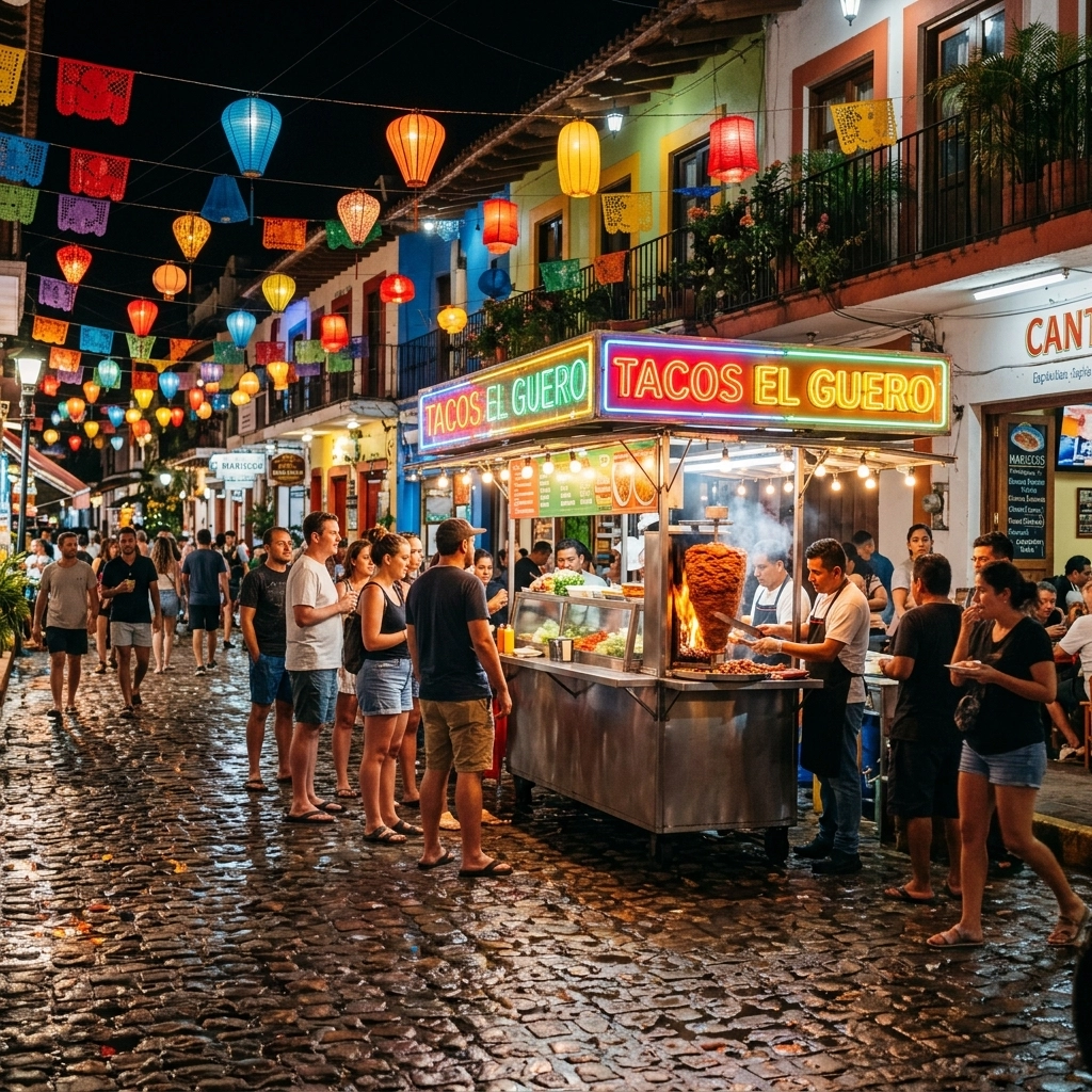 A colorful street scene in Zona Romantica at night
