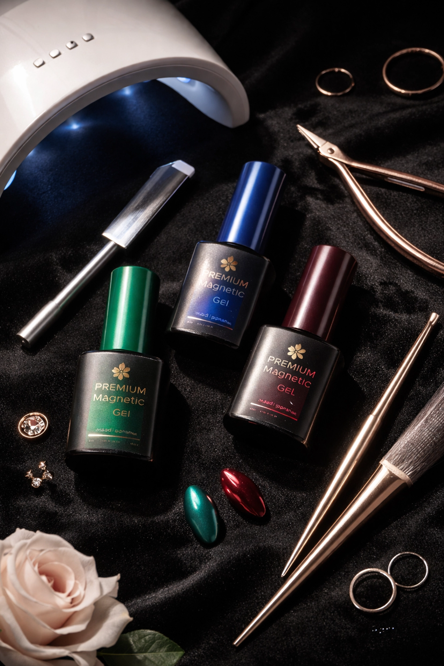 Premium Japanese gel manicure supplies including magnetic polish bottles and professional tools