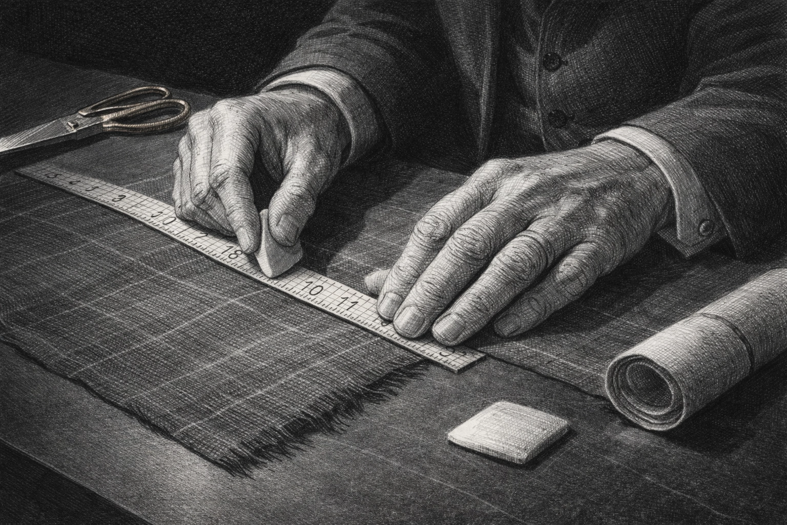 Master tailor's hands measuring and marking luxury suit fabric with precision tools on cutting table