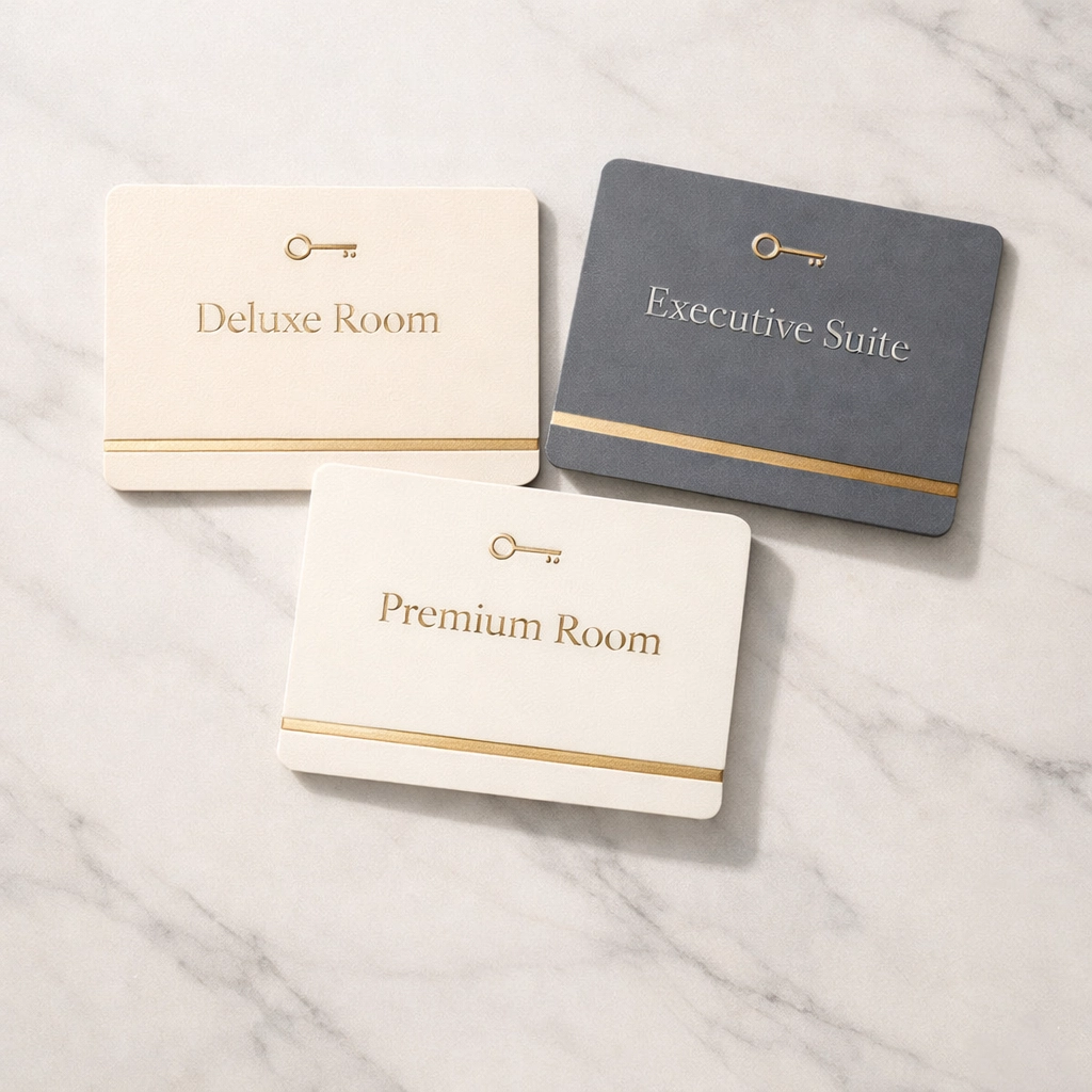 Hotel room key cards displaying different room types for PMS organization