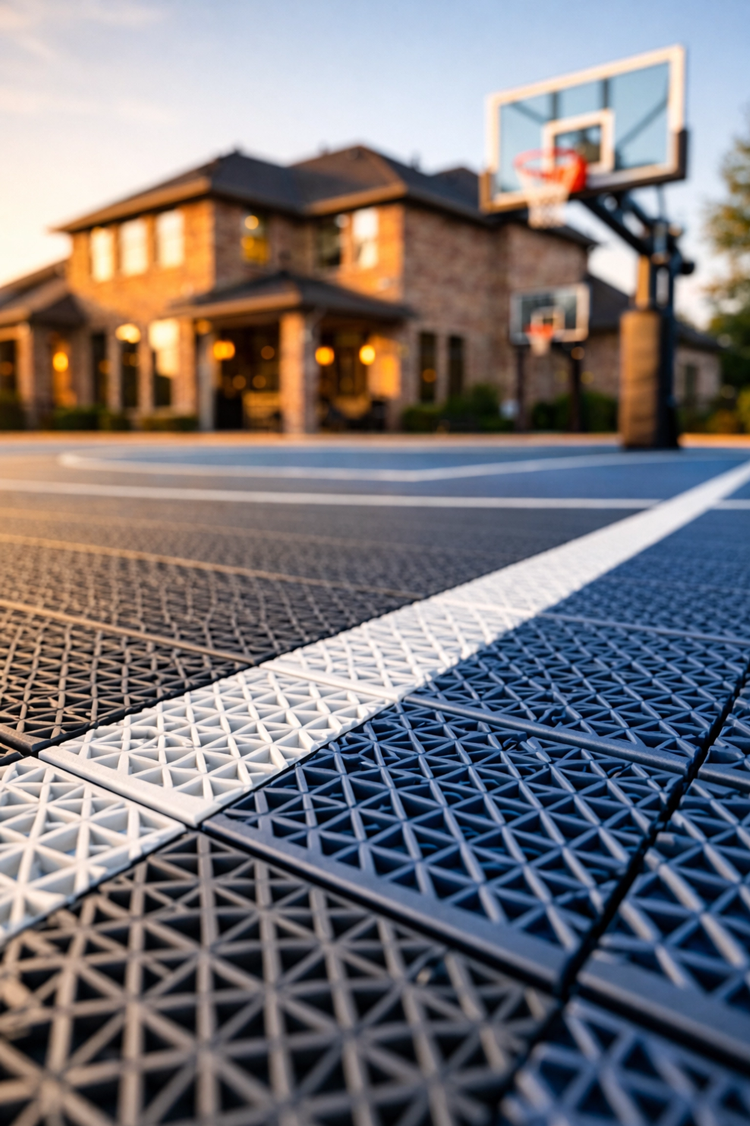 Custom backyard basketball court in Sugar Land TX featuring high-performance Sport Court PowerGame+ modular athletic tiles.